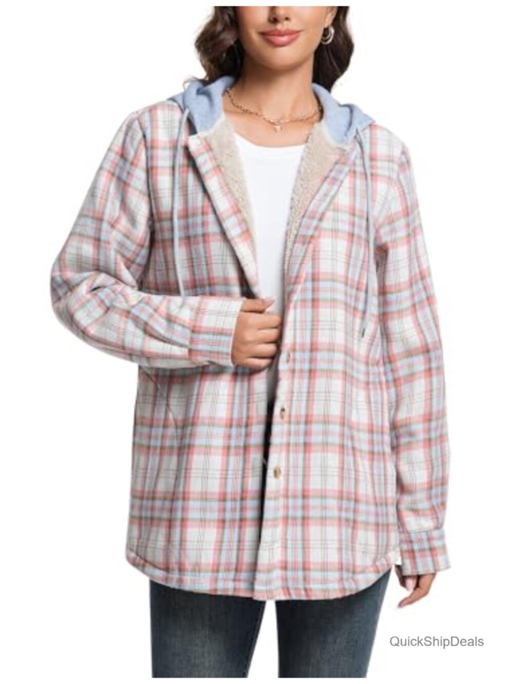 Women Sherpa Flannel Shirt Jacket Cotton Plaid Fleece Button Down